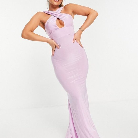 NWT Club L London Lilac Cross Front Fishtail Maxi Dress Size 4 - Picture 1 of 14